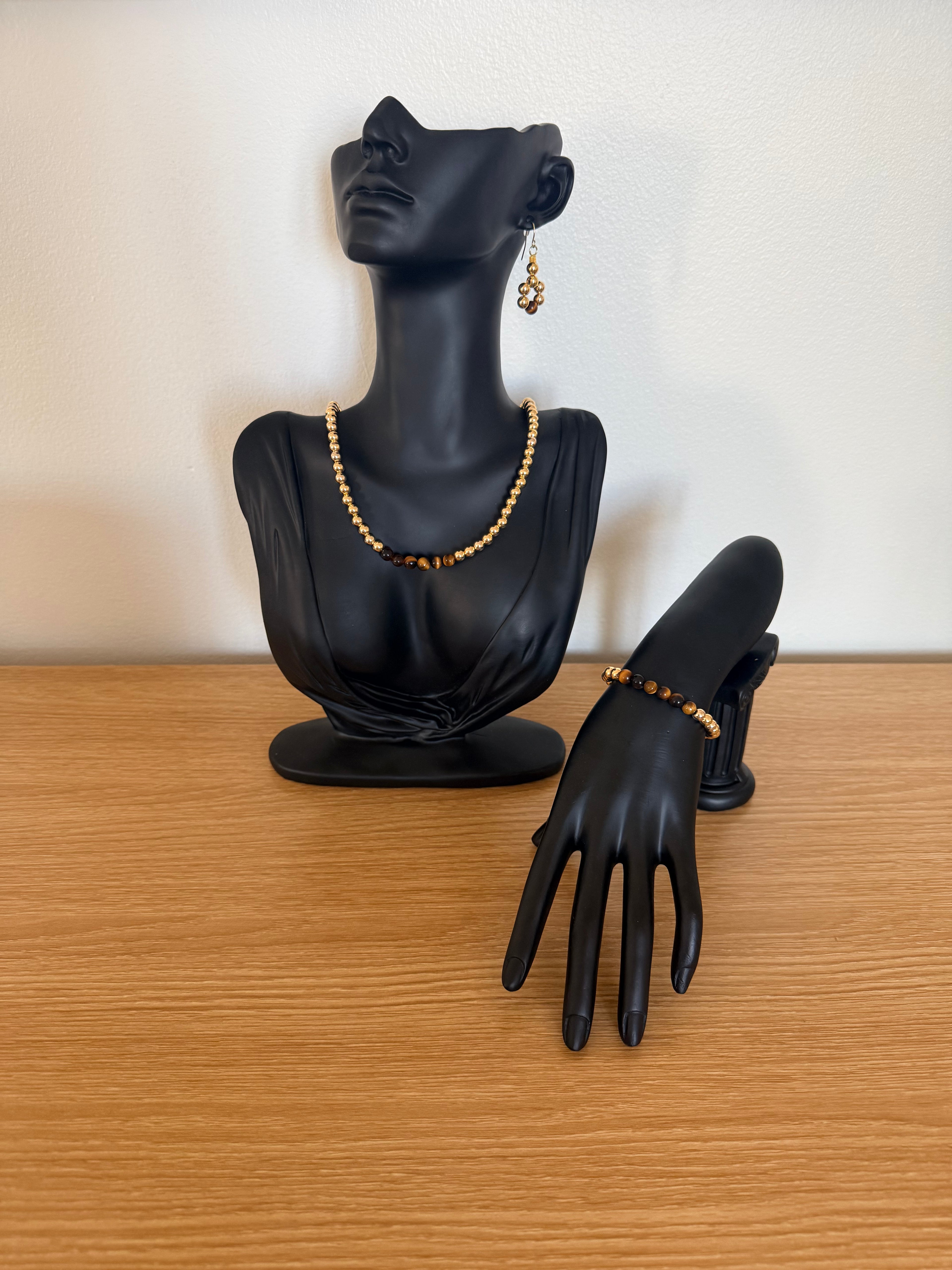 Ensemble en or plaqué 14k et oeil de tigre