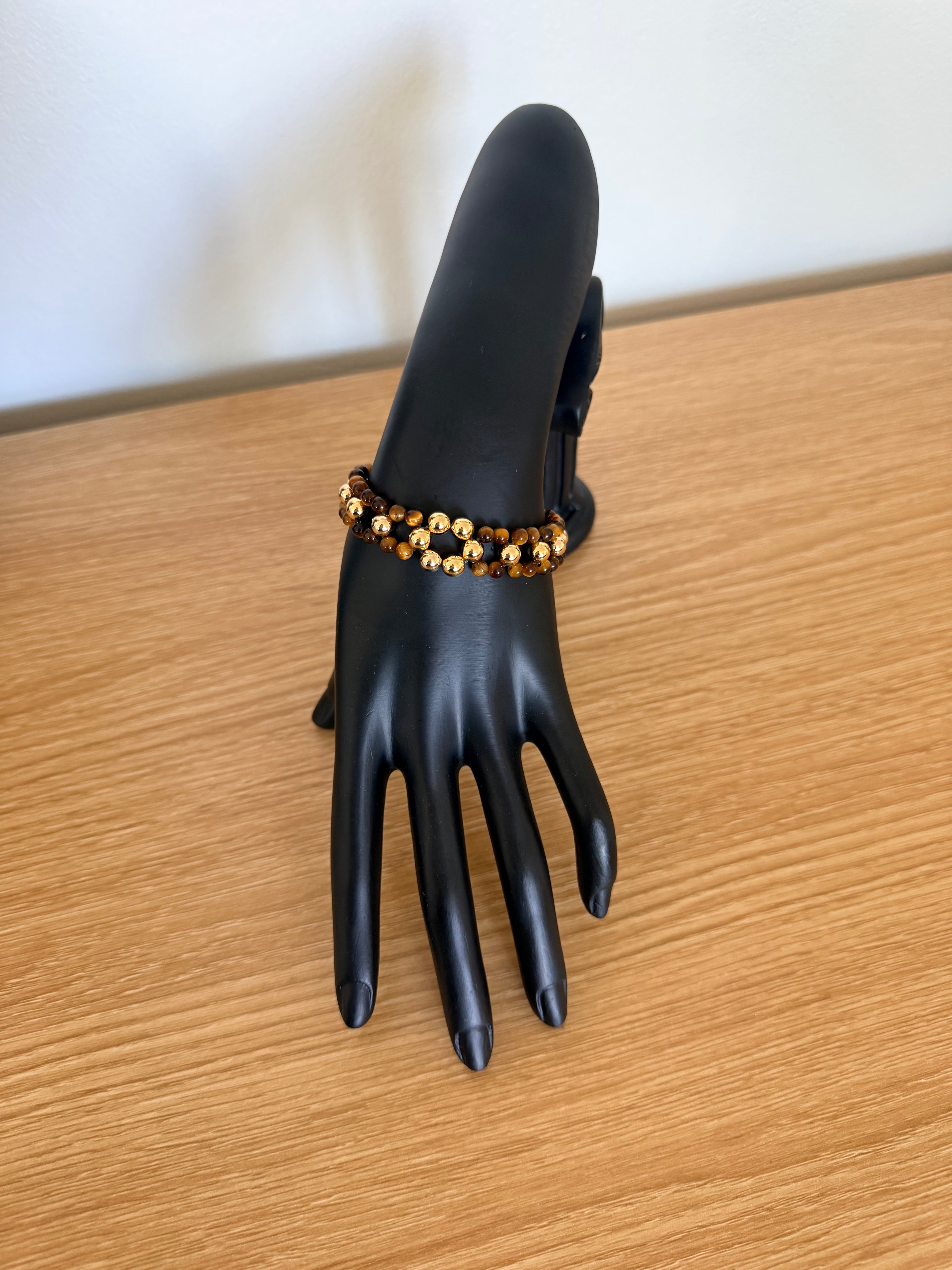 Bracelet en or paqué 14k et oeil de tigre 4mm et 6 mm